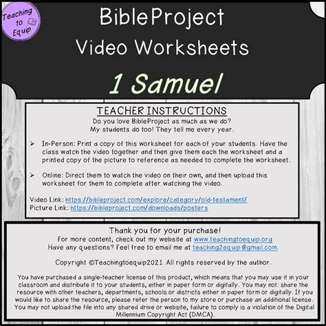 Summary of the Book of 1 Samuel Bible overview activity worksheet ...