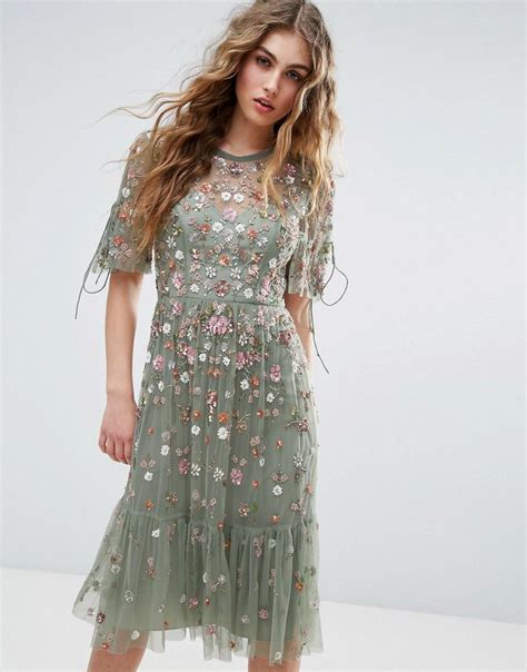 NEEDLE & THREAD NEEDLE AND THREAD FLOWERET EMBELLISHED MIDI DRESS - GREEN. #needlethread #cl ...