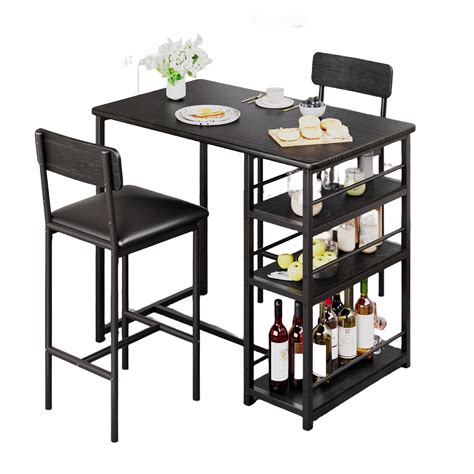 Jojoka 3 Piece Dining Set for 2, Bar Table with Storage Shelf and 2 Height Upholstered Chairs ...