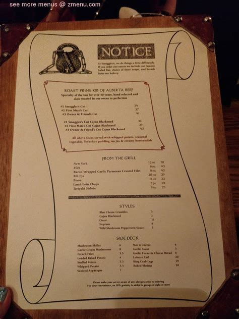 Menu at Smuggler's steakhouse, Calgary