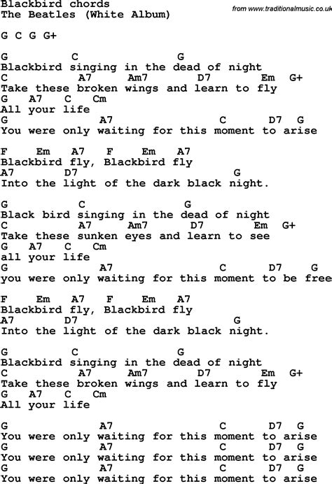 Song lyrics with guitar chords for Blackbird - The Beatles