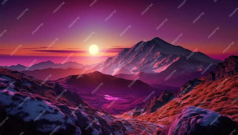 Premium AI Image | A purple sunset with a mountain range in the background.