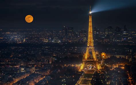 Download wallpapers Eiffel Tower, night, moon, Paris, France, city lights | Eiffel tower wall ...