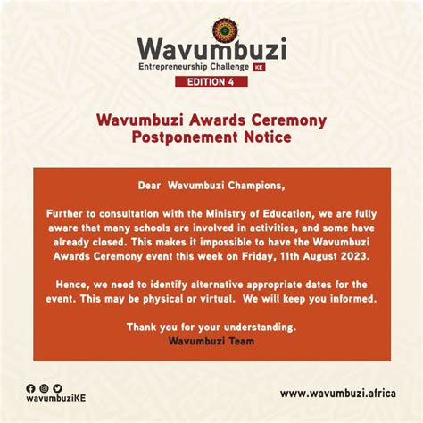 Wavumbuzi Awards Ceremony Postponement Notice - Wavumbuzi Entrepreneurship Challenge | Kenya