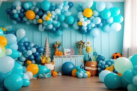 Premium Photo | A room with a bunch of balloons and a table with a vase of flowers on it.