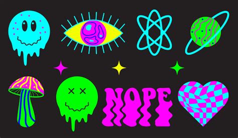 Psychedelic trippy sticker pack. Acid rave isolated objects. Print for ...