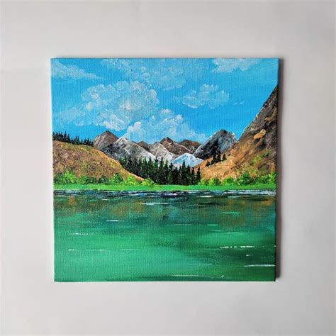 Mountain landscape painting, Mountain lake original painting - Inspire Uplift