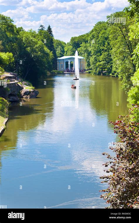 Landscape of Sofiyivka park in Uman, Ukraine. One boat on a big lake ...