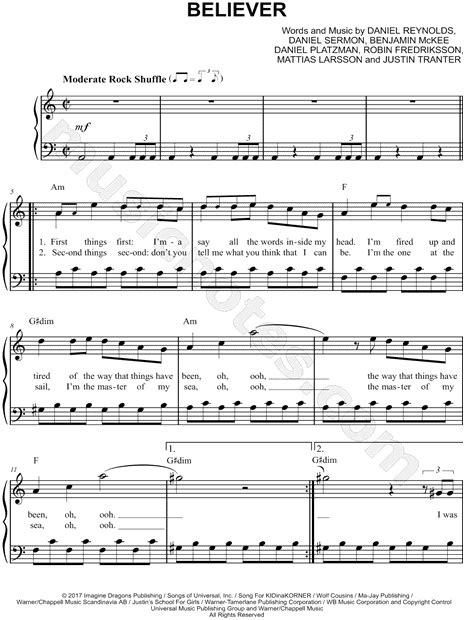 Imagine Dragons "Believer" Sheet Music (Easy Piano) in A Minor - Download & Print - SKU: MN0178264