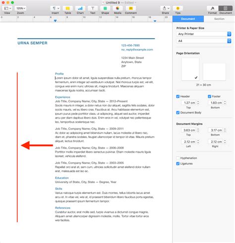 iwork - How to adjust the left margin in Pages' Business Resume template - Ask Different
