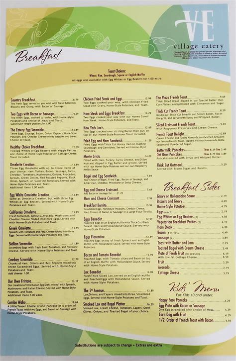 Menu at Village Eatery restaurant, Glendora