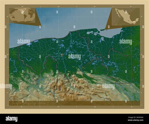 Tabasco, state of Mexico. Colored elevation map with lakes and rivers. Corner auxiliary location ...