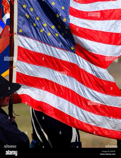 American flag from the U.S. Civil war era at a civil war re-enactment ...