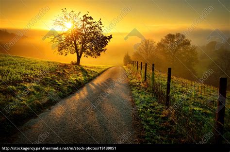 Idyllische Landschaft bei Sonnenaufgang, mit Weg und - Lizenzfreies Bild - #19139051 ...