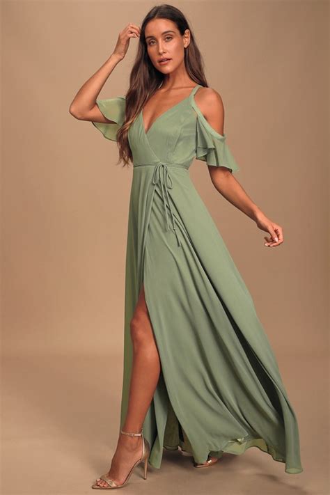 Sage Green OTS Dress - Maxi Wrap Dress - Cold-Shoulder Dress - Lulus