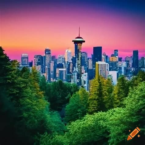 Seattle skyline with mount rainier and greenery