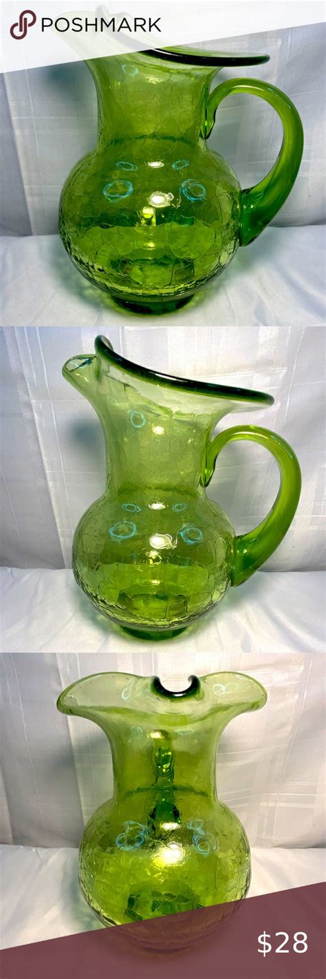 Beautiful 9" Green Hand Blown Crackle Glass Pitcher With Applied Glass Handle Glass Pitchers ...