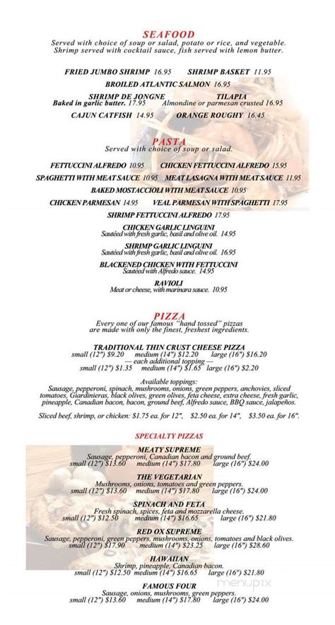 Menu of Red Ox Restaurant & Bar in Hampshire, IL 60140