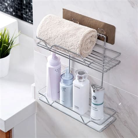 Double layer stainless steel bathroom rack wall mounted bathroom non perforated storage rack at ...