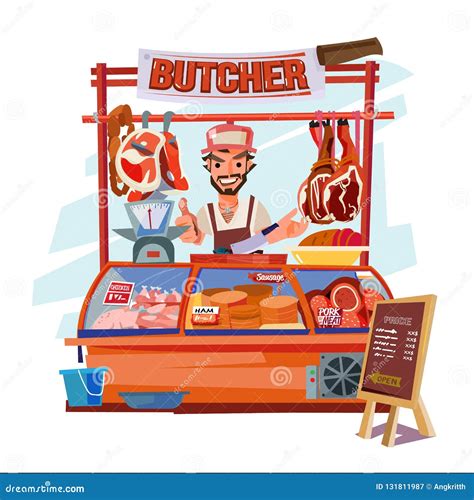 Butcher with his shop - stock illustration. Illustration of butcher ...