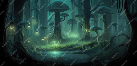 Premium AI Image | A dark forest with mushrooms and a green forest.