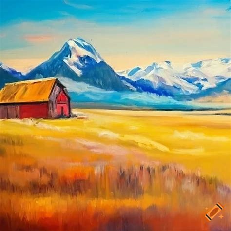 Oil painting of a mountain scenery with an old barn on Craiyon