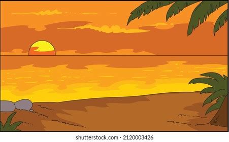 Vector Cartoon Illustration Ocean Landscape Sunset Stock Vector ...