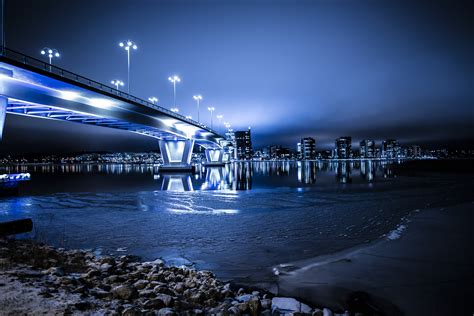 Panoramic photography of lighted bridge and city buildings during night time HD wallpaper ...