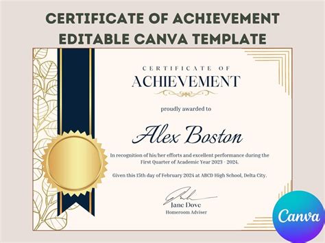 Certificate of Achievement Canva Template Blue and Gold Minimalist and ...