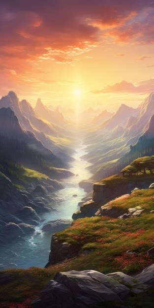 Premium AI Image | Breathtaking Fantasy Landscape Sunrise Painting ...