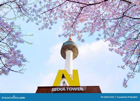 SEOUL - APRIL 9 : N Seoul Tower and Cherry Blossom in Spring. Editorial ...