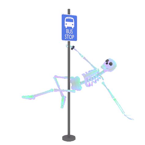 a skeleton is walking next to a bus stop sign