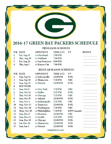 Printable 2016-2017 Green Bay Packers Schedule