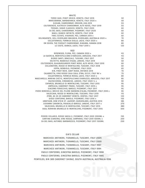 Cantina Gia menu in Ottawa, Ontario, Canada