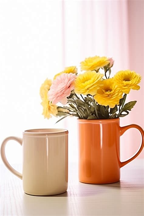 Two Brightly Colored Coffee Mugs Sit Next To A Pink Vase Background Wallpaper Image For Free ...