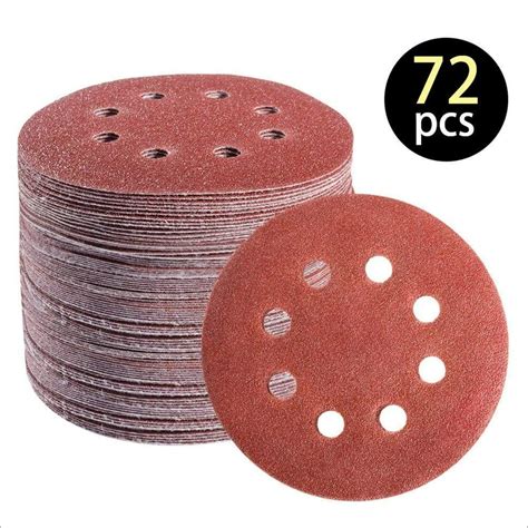 72 PCS 5 Inch 8 Hole Hook and Loop Adhesive Sanding Discs Sandpaper for ...