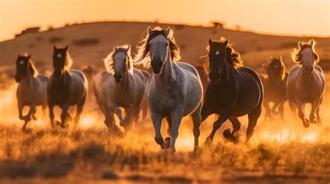 Premium Photo | Horses running in the sunset