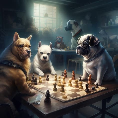 Premium Photo | A painting of a dog playing chess with a dog wearing a ...