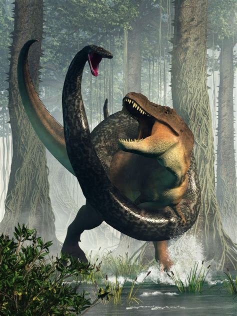 T-Rex vs Titanoboa A #tyrannosaurus rex has wandered into a swamp and ...