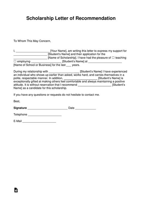 Free Recommendation Letter for Scholarship Template - with Samples ...