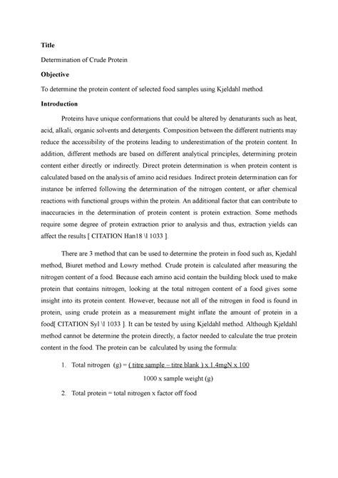 FST306 Crude Protein - Title Determination of Crude Protein Objective ...