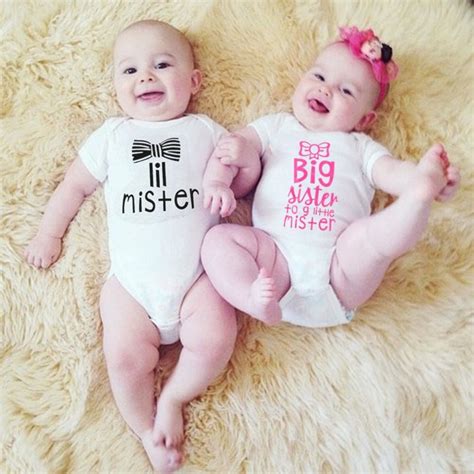 Big Sister Little Mister Baby Boy Girl Twin Rompers