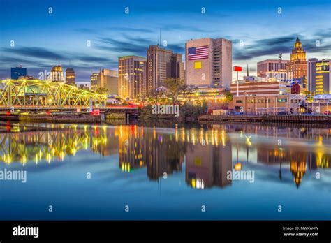 Newark, New Jersey, USA skyline on the Passaic River at dusk Stock ...