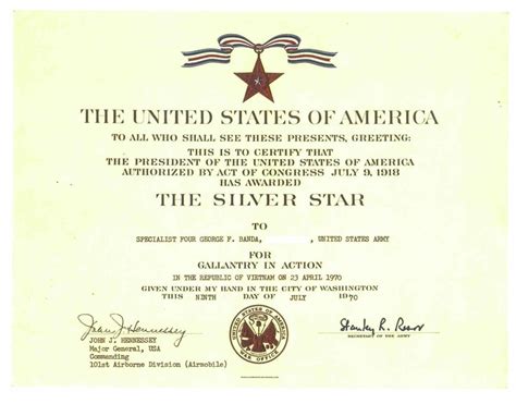 Silver Star Certificate | 101st Airborne Division Vietnam Photo's