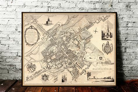 Canterbury map, old map of Canterbury, Kent, historical city plan with illustrations