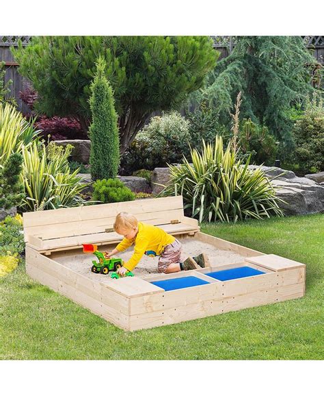 Outsunny Kids Wooden Sandbox Outdoor Backyard Playset w/ Bench Buckets ...