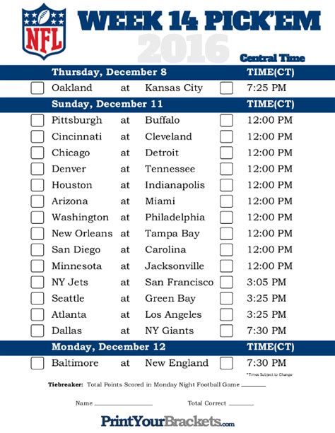 Central Time Week 14 NFL Schedule 2016 - Printable