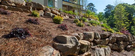 Hillside landscaping with natural stone and water accents in Smyrna, GA. | Bloom’n Gardens ...