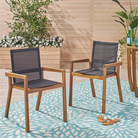 Saul Outdoor Acacia Wood and Mesh Dining Chairs, Set of 2, Teak, Black ...