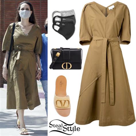 Angelina Jolie: Khaki Midi Dress, Rafia Sandals